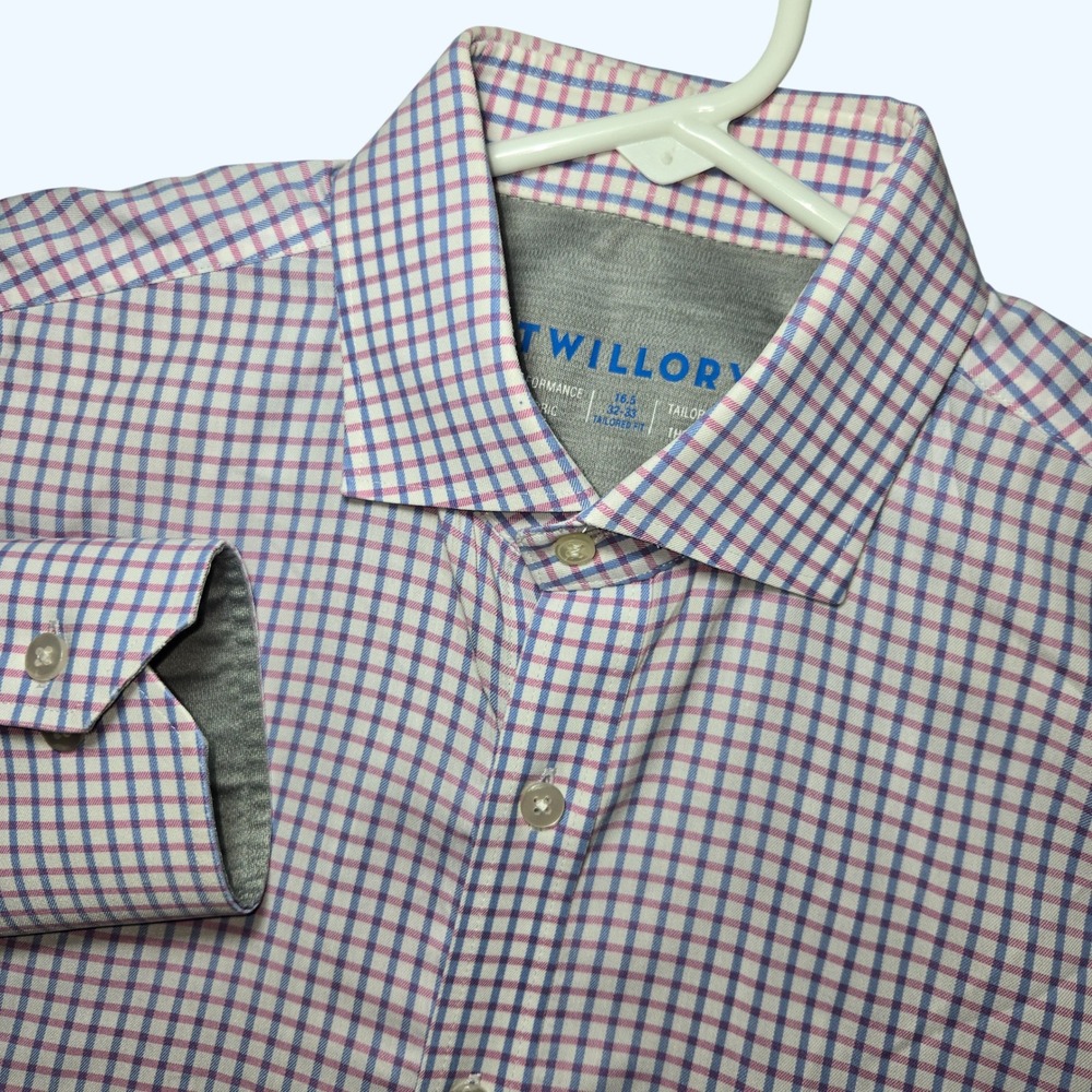 Twillory Performance Dress Shirt Mens 16.5 32-33 Tailored Fit Blue Red Check